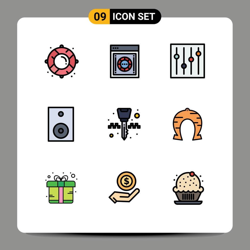Mobile Interface Filledline Flat Color Set of 9 Pictograms of equipment speaker safety products devices Editable Vector Design Elements