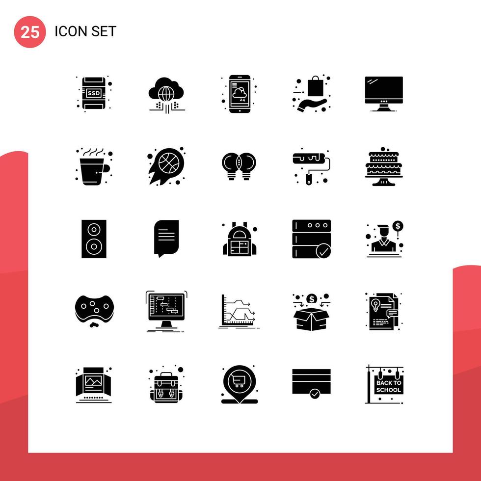 Pack of 25 Modern Solid Glyphs Signs and Symbols for Web Print Media such as computer online mobile hand bag Editable Vector Design Elements