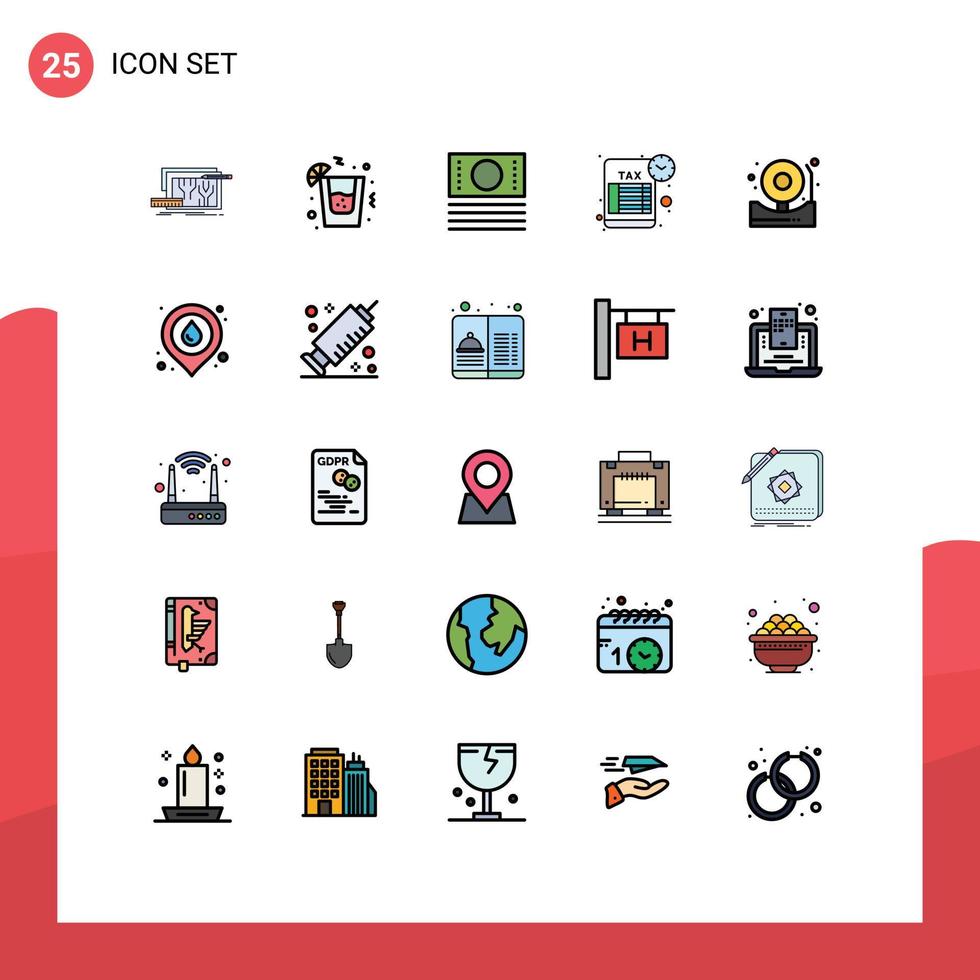 Pack of 25 creative Filled line Flat Colors of bell alarm cash tax return schedule Editable Vector Design Elements