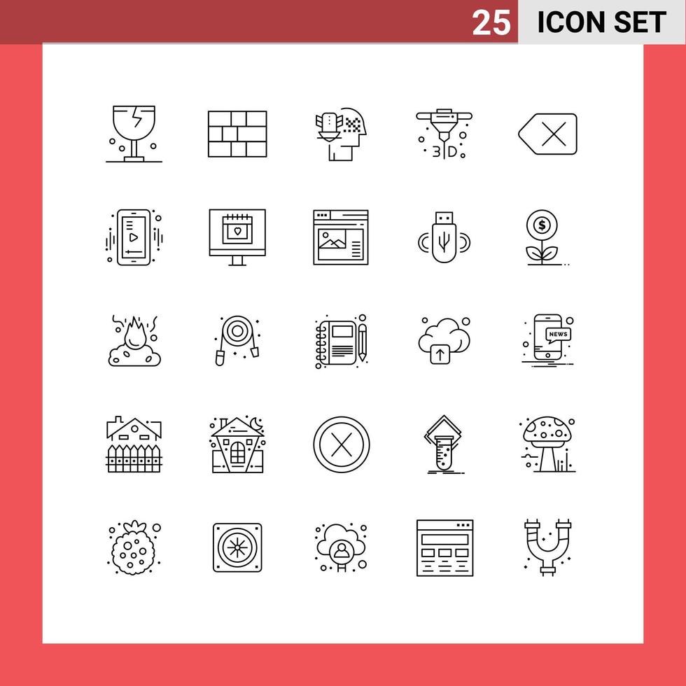 Line Pack of 25 Universal Symbols of delete backspace personal data protection direct metal laser sintering printing Editable Vector Design Elements