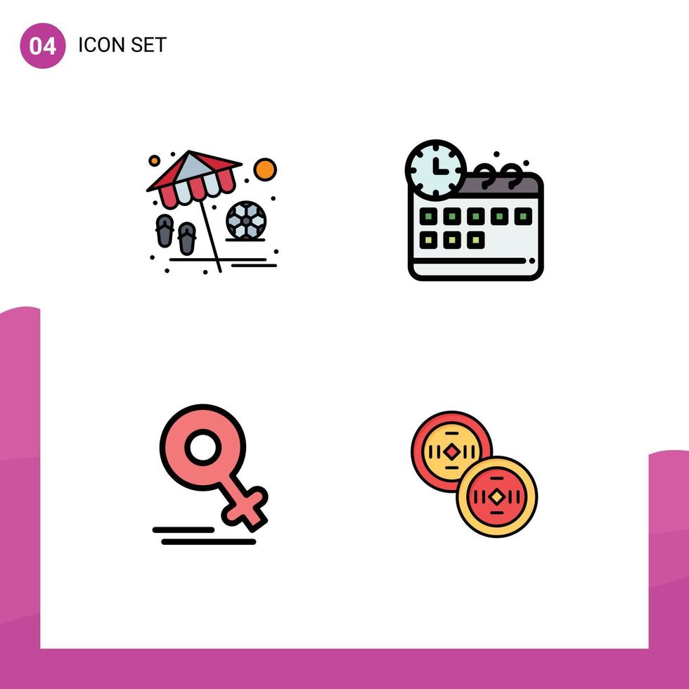 Pack of 4 Modern Filledline Flat Colors Signs and Symbols for Web Print Media such as beach love play time coins Editable Vector Design Elements