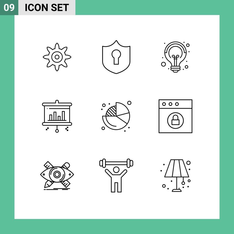 9 Universal Outline Signs Symbols of lock pie seo finance business Editable Vector Design Elements