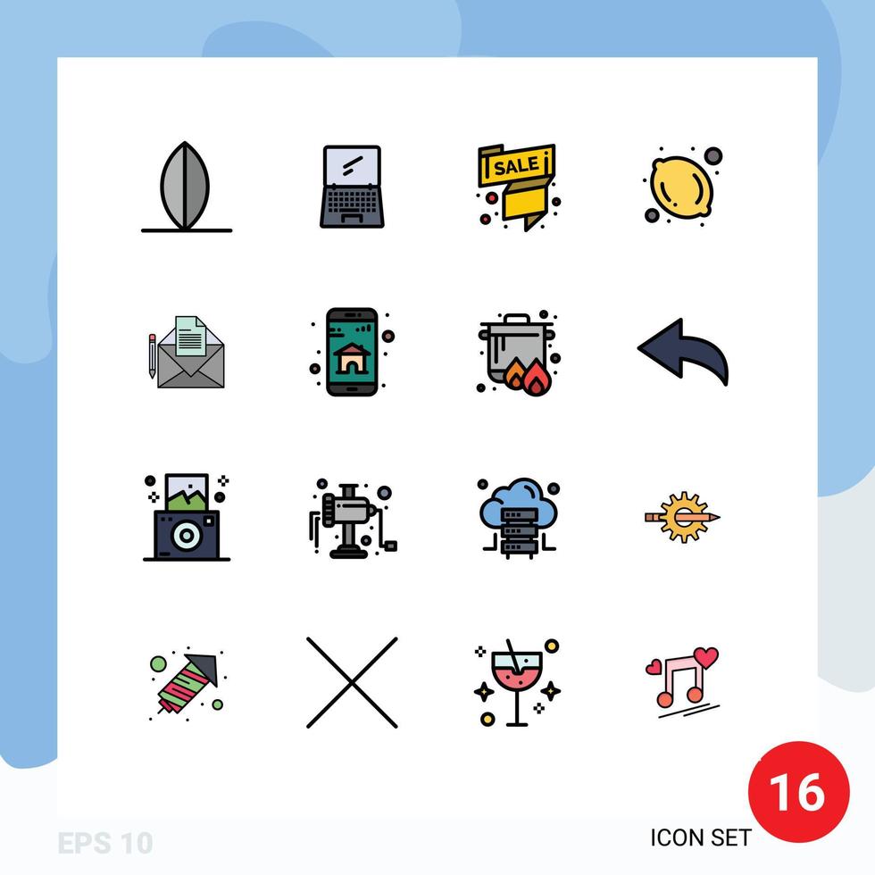 grupo de 16 líneas rellenas de color plano signos y símbolos para el mensaje etiqueta de limón alimentos ofrecen elementos de diseño de vectores creativos editables