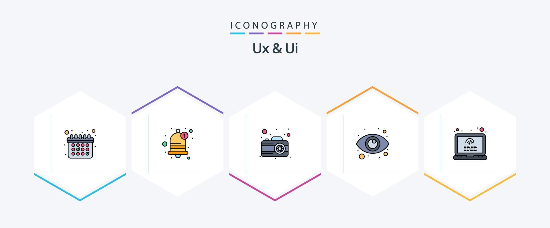 Ux And Ui 25 FilledLine icon pack including tags. coding. photo. eye view. monitoring vector