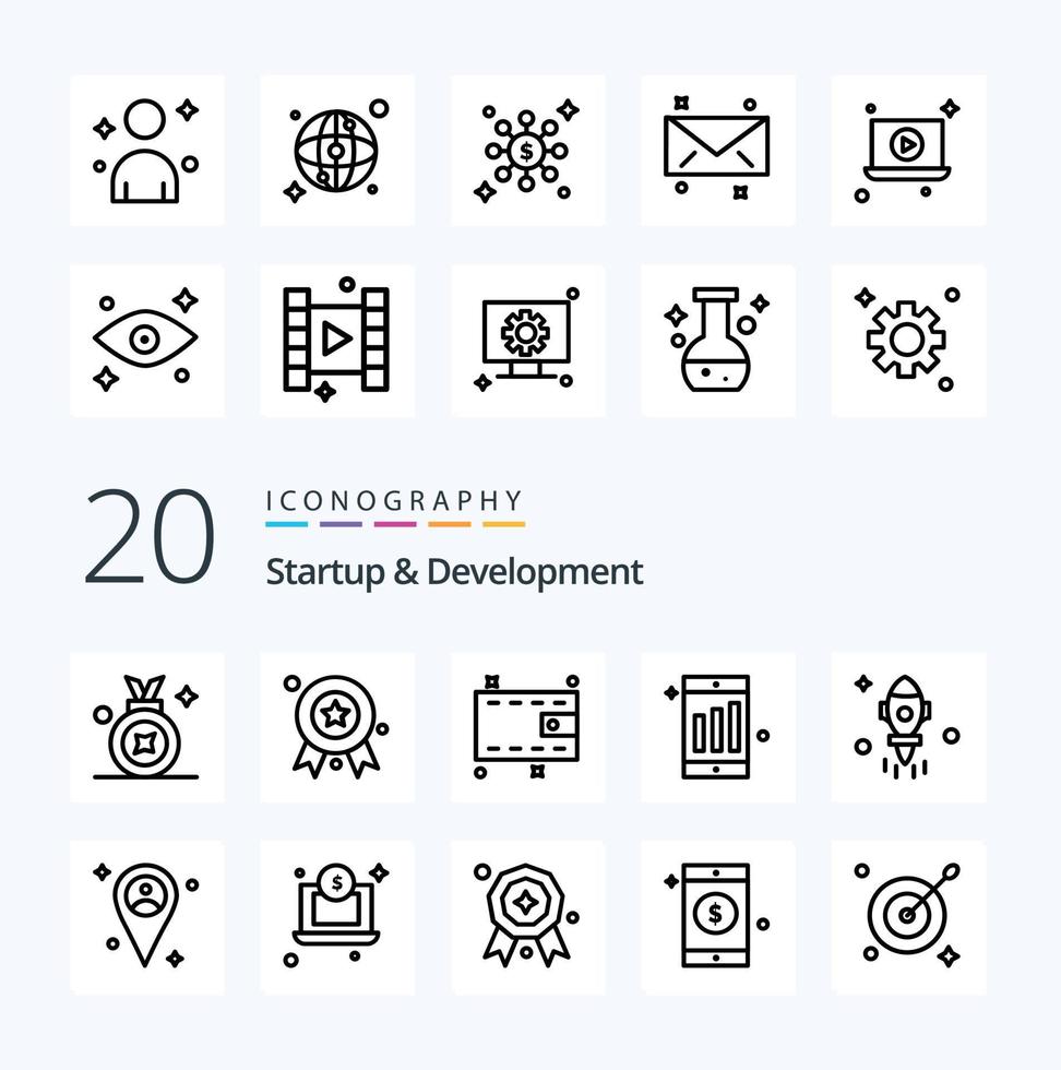 Paquete de 20 iconos de línea de inicio y desarrollo como espacio de ubicación de celda de mapa de computadora portátil vector