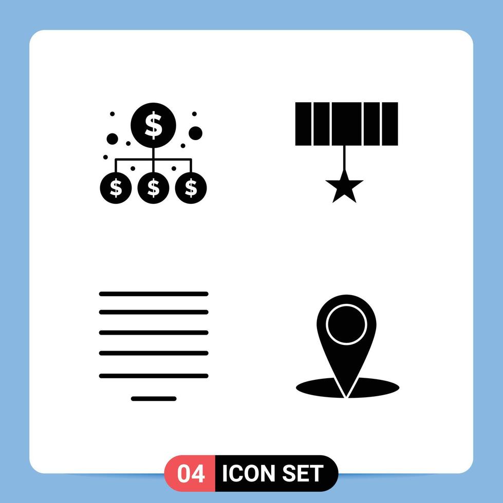 Pack of 4 Modern Solid Glyphs Signs and Symbols for Web Print Media such as money center money badge location Editable Vector Design Elements