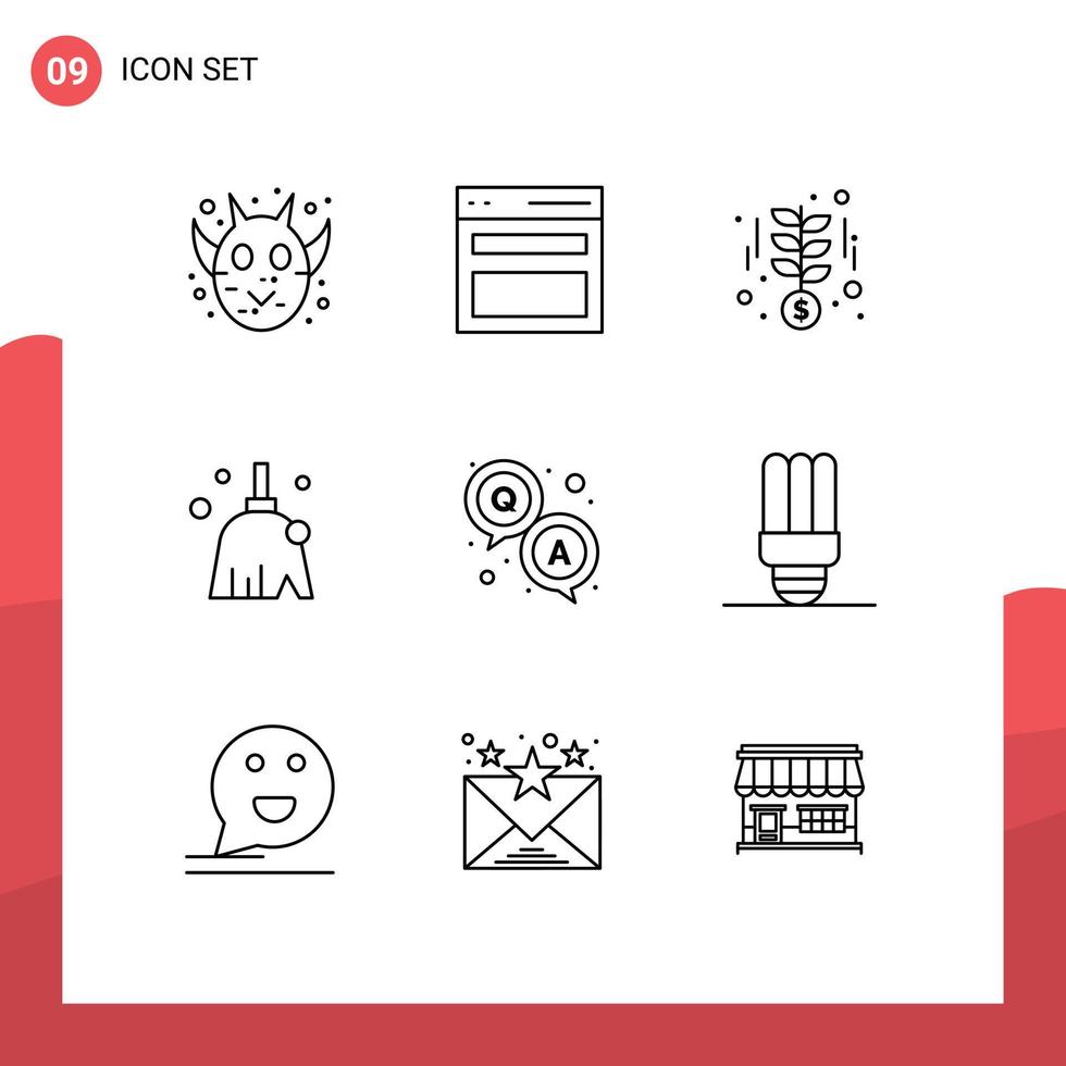 9 User Interface Outline Pack of modern Signs and Symbols of qa sweep growth cleaning broom Editable Vector Design Elements