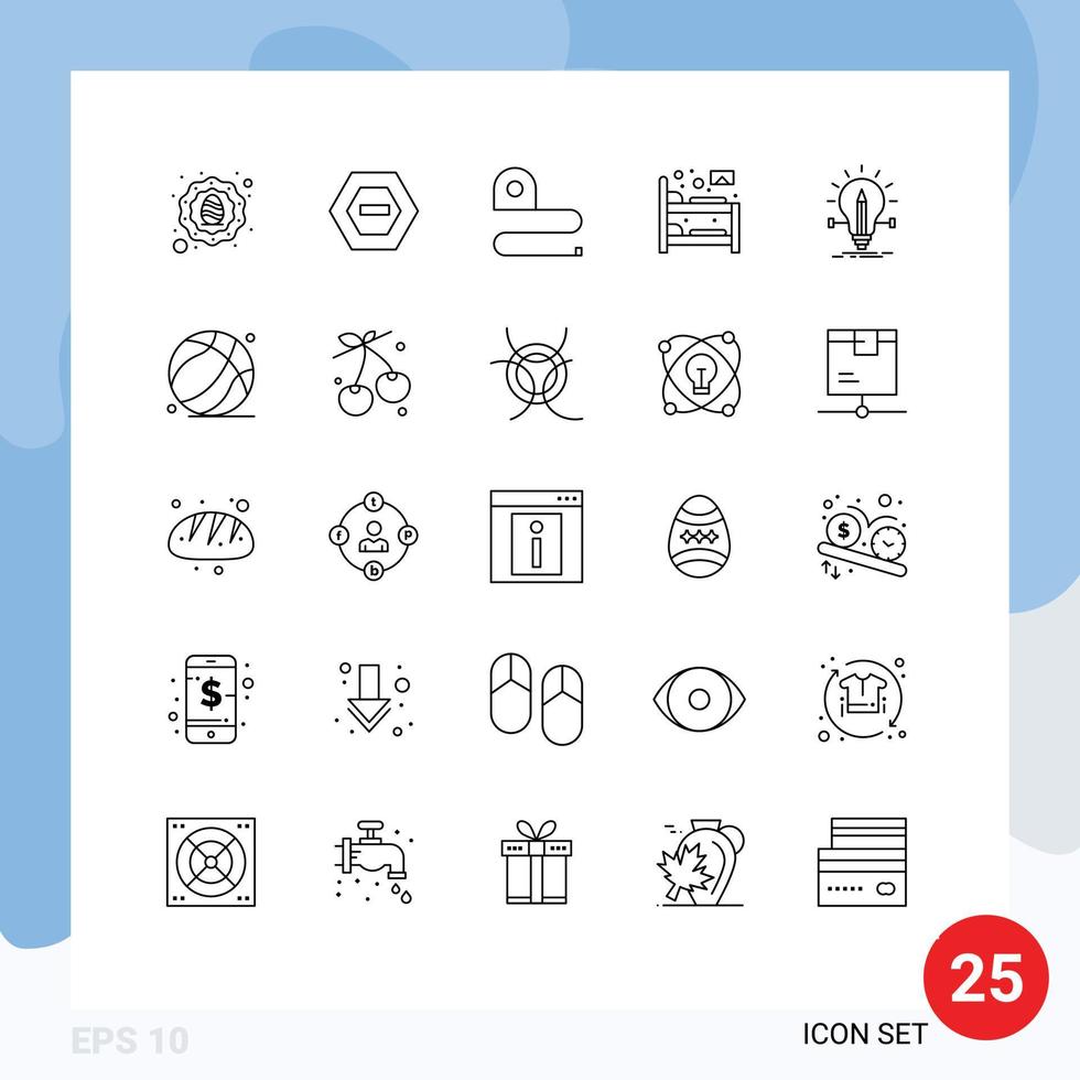 Editable Vector Line Pack of 25 Simple Lines of creative sleep construction hostel bed Editable Vector Design Elements