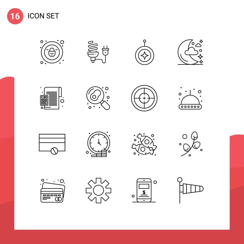 16 User Interface Outline Pack of modern Signs and Symbols of stars moon plug half shield Editable Vector Design Elements