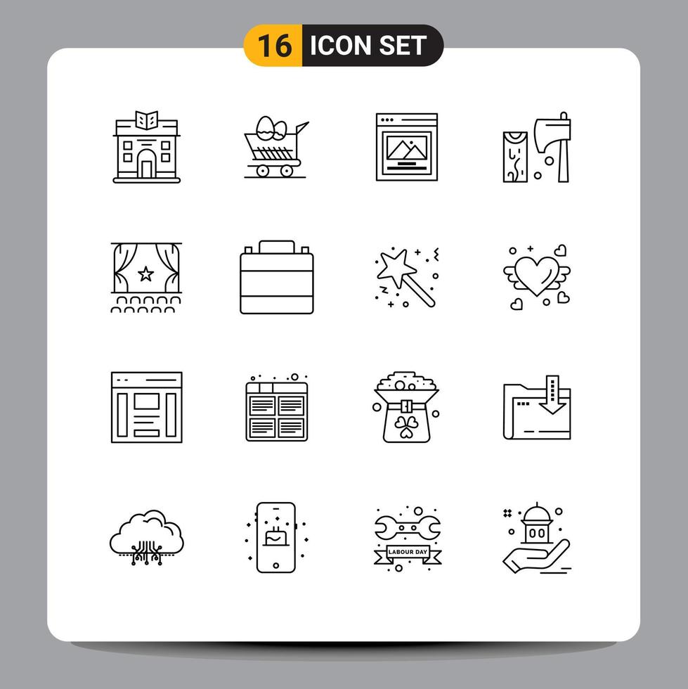 Universal Icon Symbols Group of 16 Modern Outlines of film cinema custom image wood cutting Editable Vector Design Elements