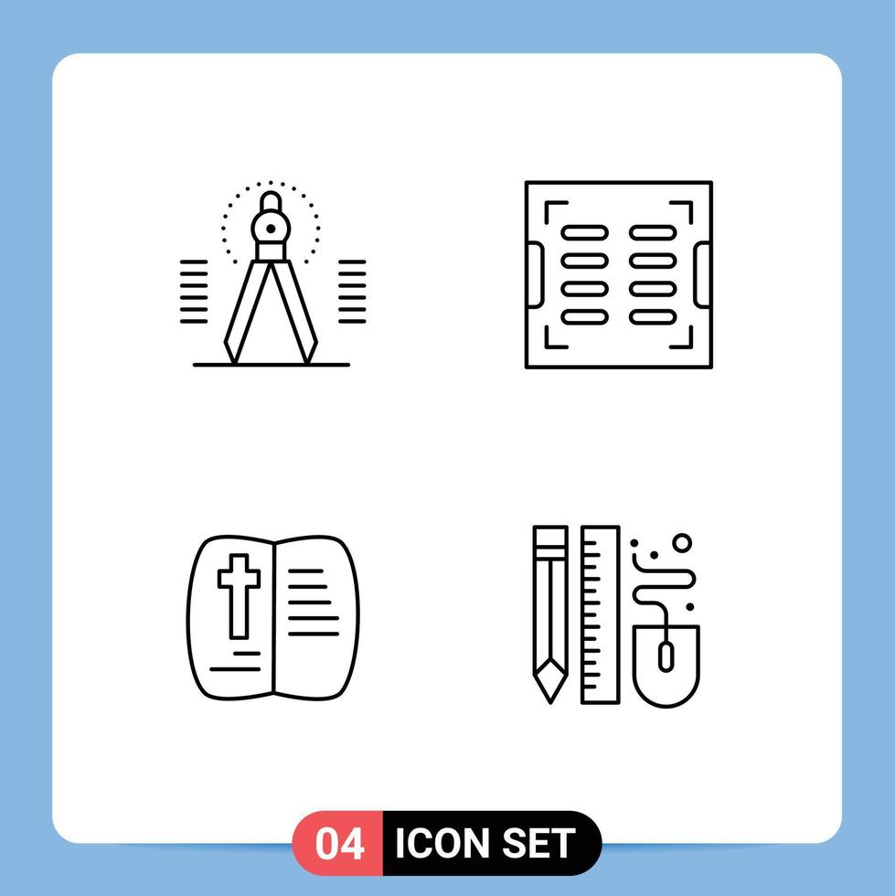 Mobile Interface Line Set of 4 Pictograms of compass book geometry construction easter Editable Vector Design Elements