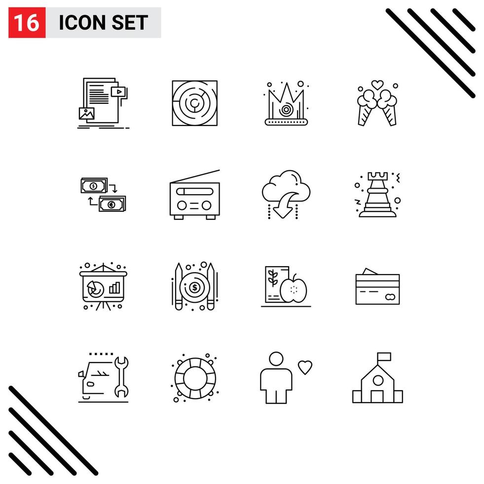 Universal Icon Symbols Group of 16 Modern Outlines of sweet love strategy ice cream gras Editable Vector Design Elements