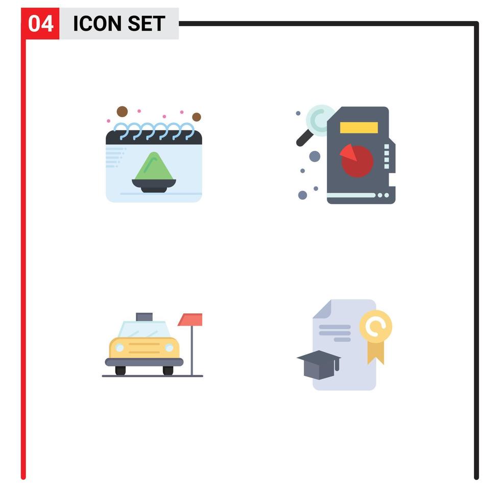 grupo de 4 iconos planos modernos establecidos para elementos de diseño de vectores editables de educación de automóviles de fiesta de servicio de calendario