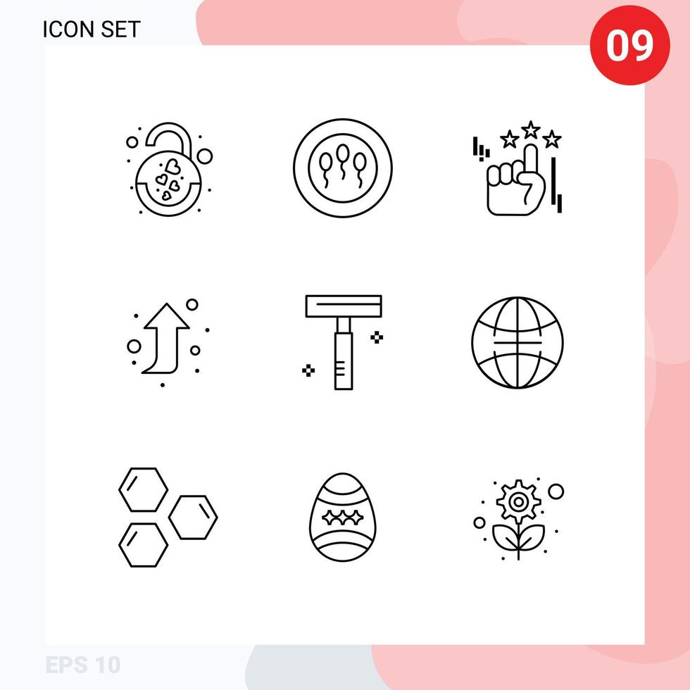 Universal Icon Symbols Group of 9 Modern Outlines of global razor stare cosmetic right up Editable Vector Design Elements