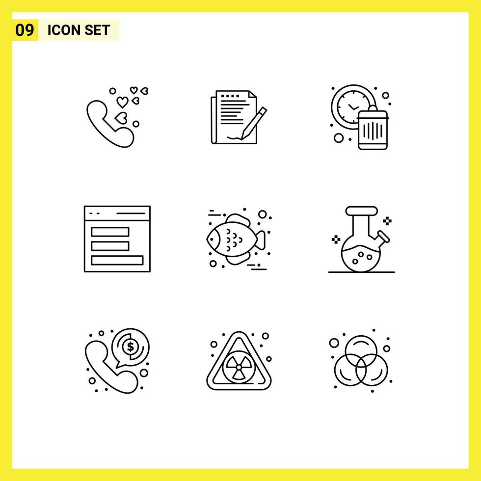 9 Universal Outlines Set for Web and Mobile Applications fish interface paper contact waste Editable Vector Design Elements