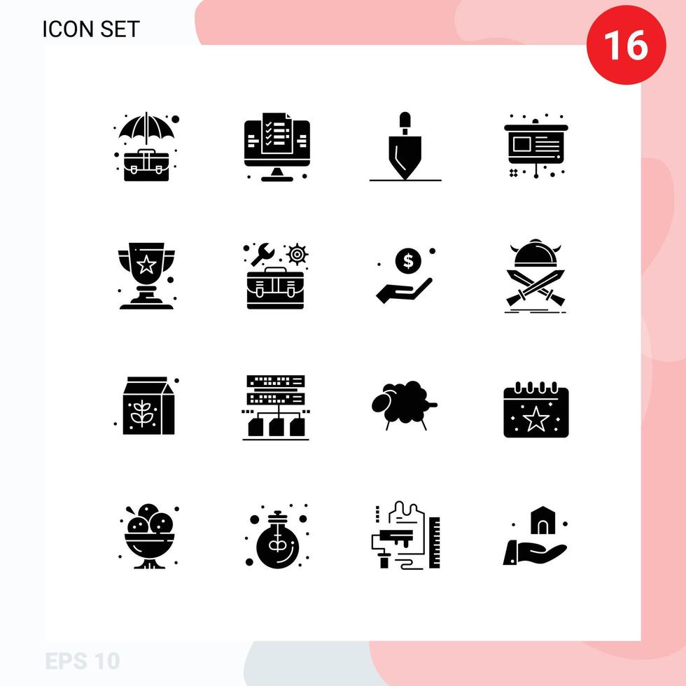 Mobile Interface Solid Glyph Set of 16 Pictograms of award easel