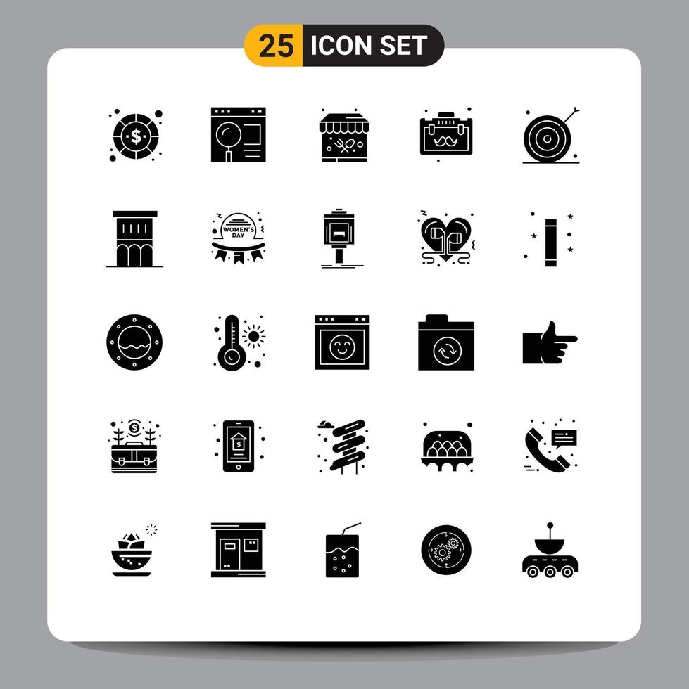 Set of 25 Commercial Solid Glyphs pack for advertising office search business garden Editable Vector Design Elements