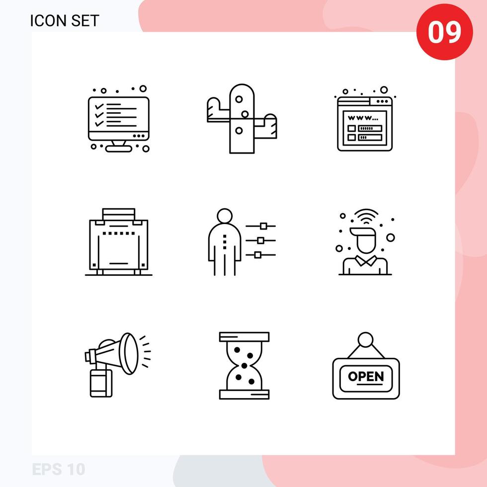 Set of 9 Vector Outlines on Grid for job abilities plant travel bag Editable Vector Design Elements