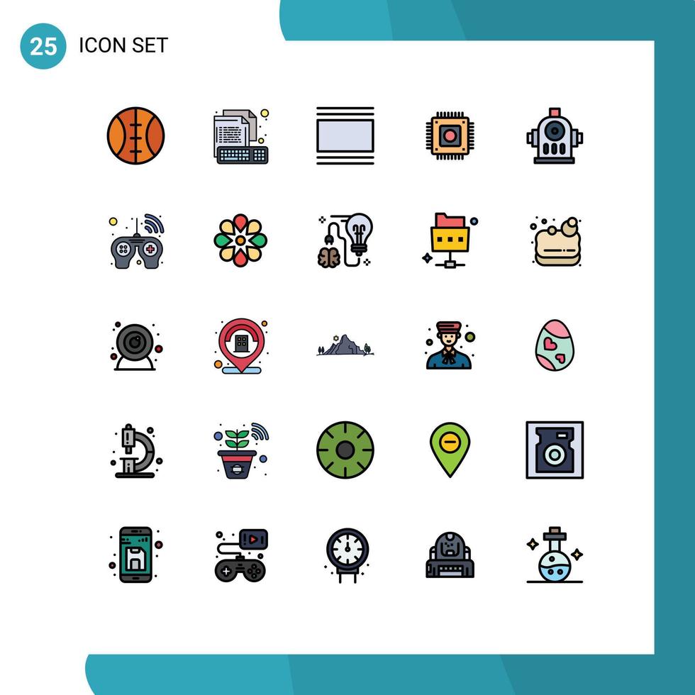 Universal Icon Symbols Group of 25 Modern Filled line Flat Colors of hydrant computer flow microchip chip Editable Vector Design Elements