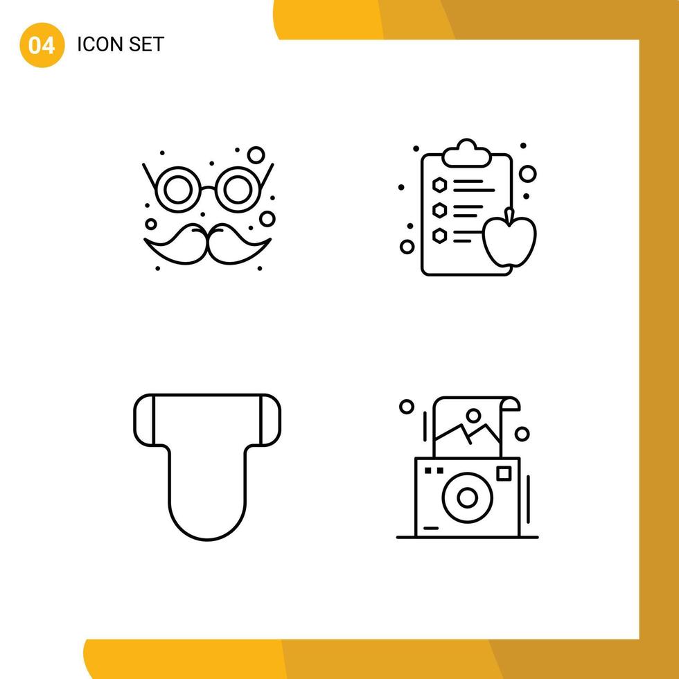 Line Pack of 4 Universal Symbols of glasses diapers moustache health clipboard camera Editable Vector Design Elements