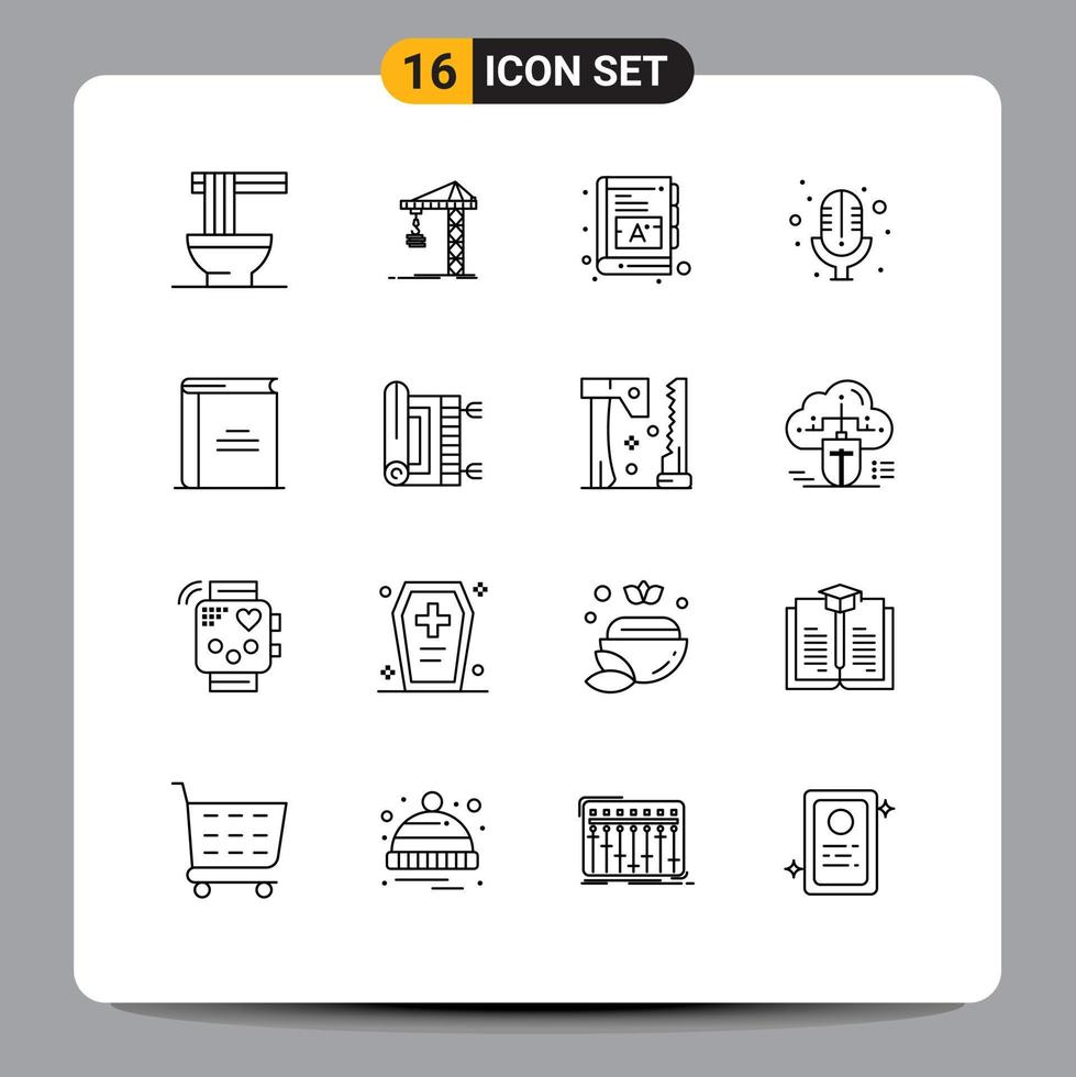 16 Universal Outlines Set for Web and Mobile Applications education record tower microphone ebook Editable Vector Design Elements