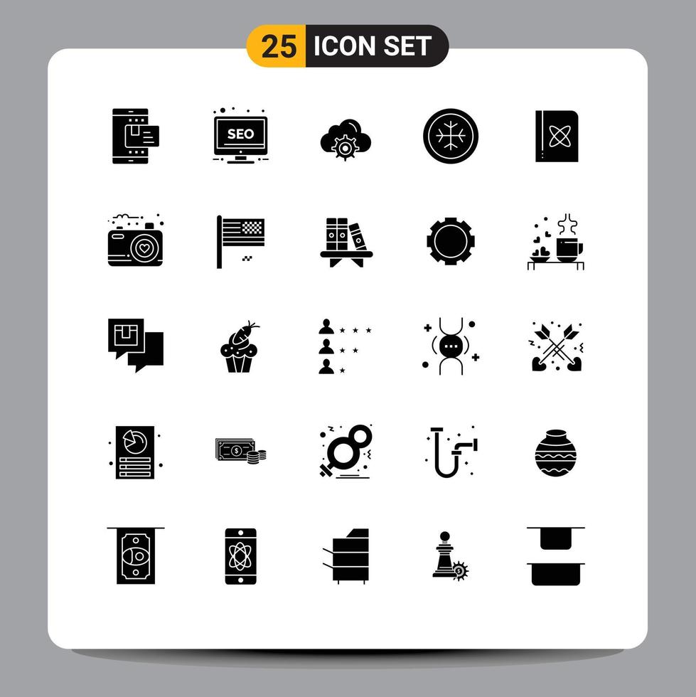 Group of 25 Modern Solid Glyphs Set for formula snowflake monitor frost computing Editable Vector Design Elements