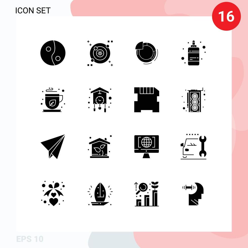 Modern Set of 16 Solid Glyphs Pictograph of clock mocha chart green tea printing Editable Vector Design Elements