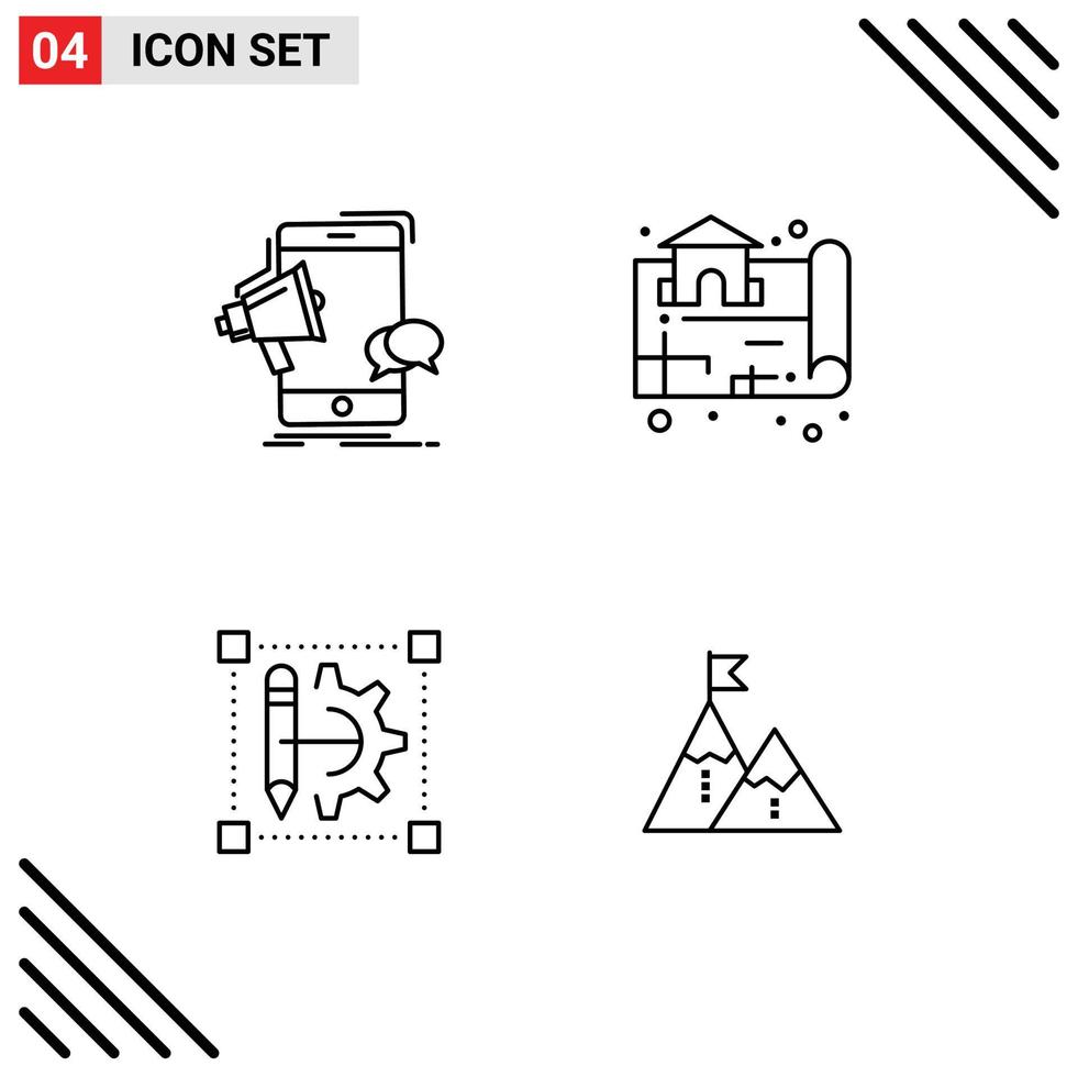 4 Universal Line Signs Symbols of bullhorn pencil megaphone location cog wheel Editable Vector Design Elements