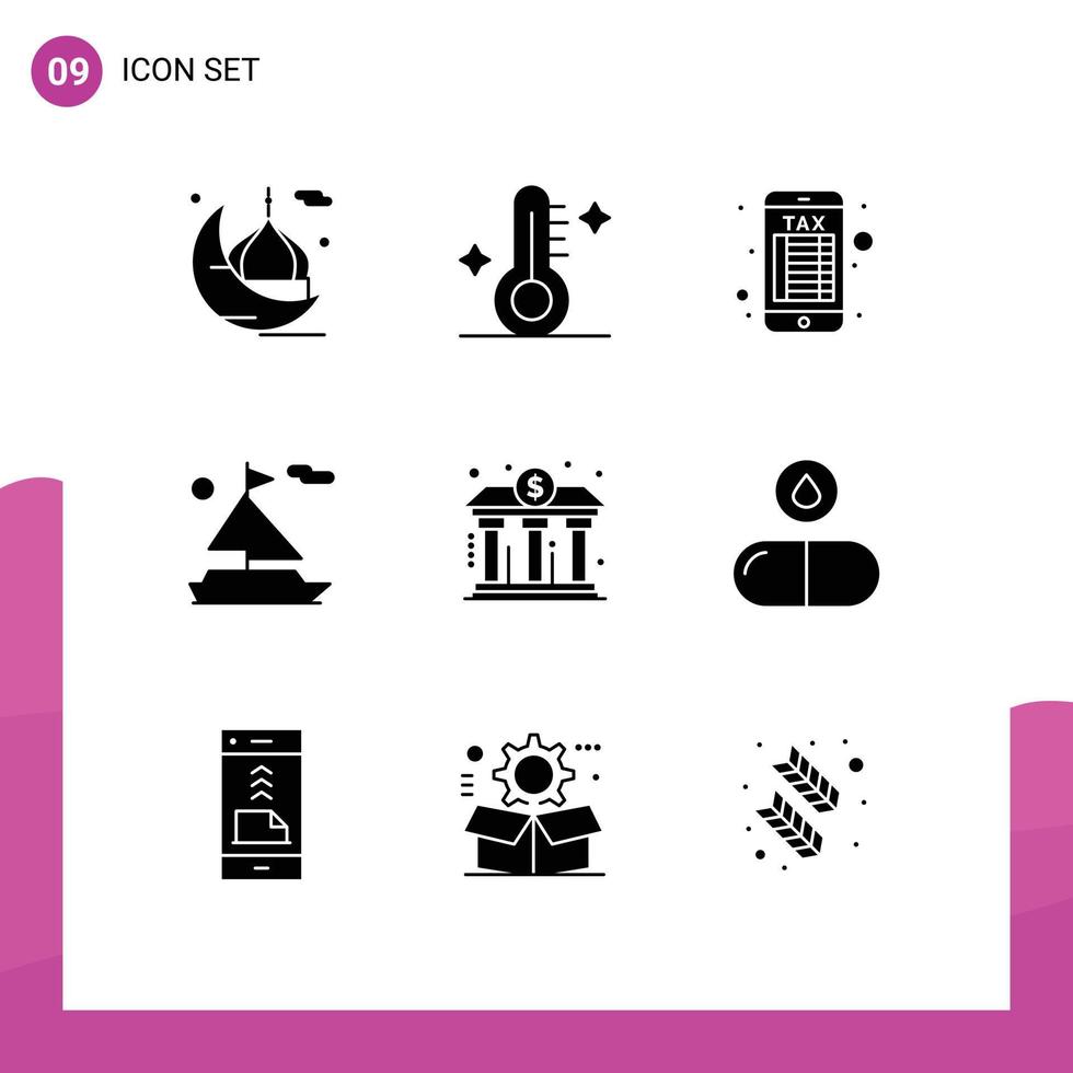 9 Solid Glyph concept for Websites Mobile and Apps building bank weather ship beach Editable Vector Design Elements