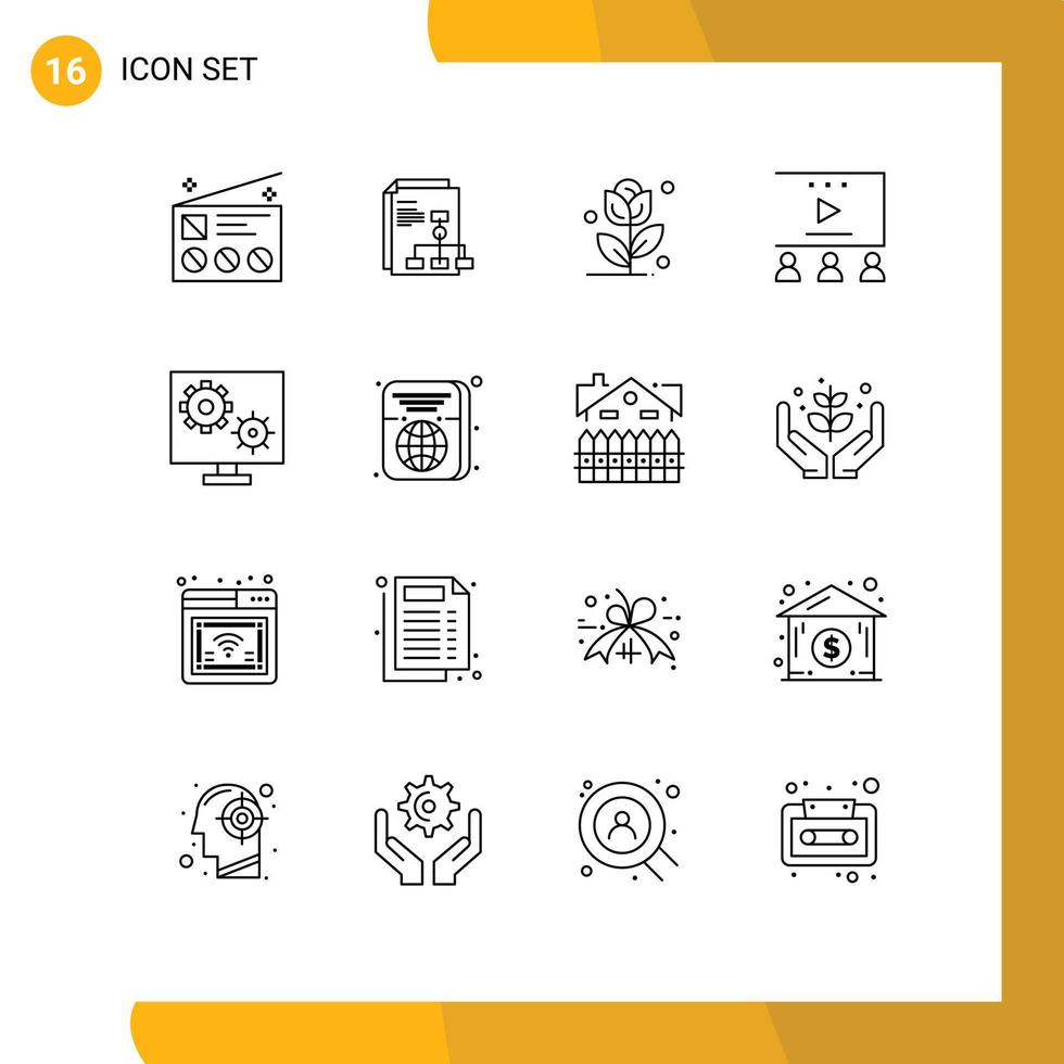 Pack of 16 creative Outlines of gear video tutorials report video advertising online advertisement Editable Vector Design Elements