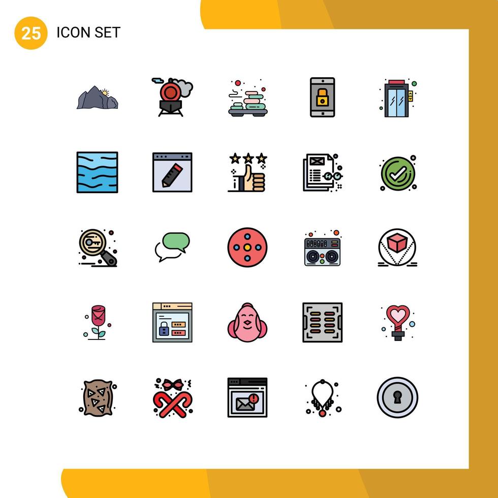 paquete de 25 modernos signos y símbolos de colores planos de línea rellena para medios de impresión web, como elementos de diseño de vectores editables de aplicación de bloqueo de relajación móvil de ascensor
