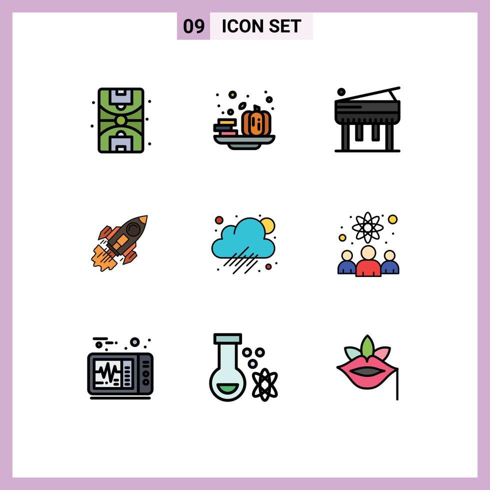 Universal Icon Symbols Group of 9 Modern Filledline Flat Colors of rainy spaceship music mission goal Editable Vector Design Elements