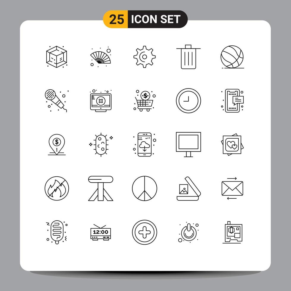 Pack of 25 Modern Lines Signs and Symbols for Web Print Media such as basket trash gear garbage been Editable Vector Design Elements