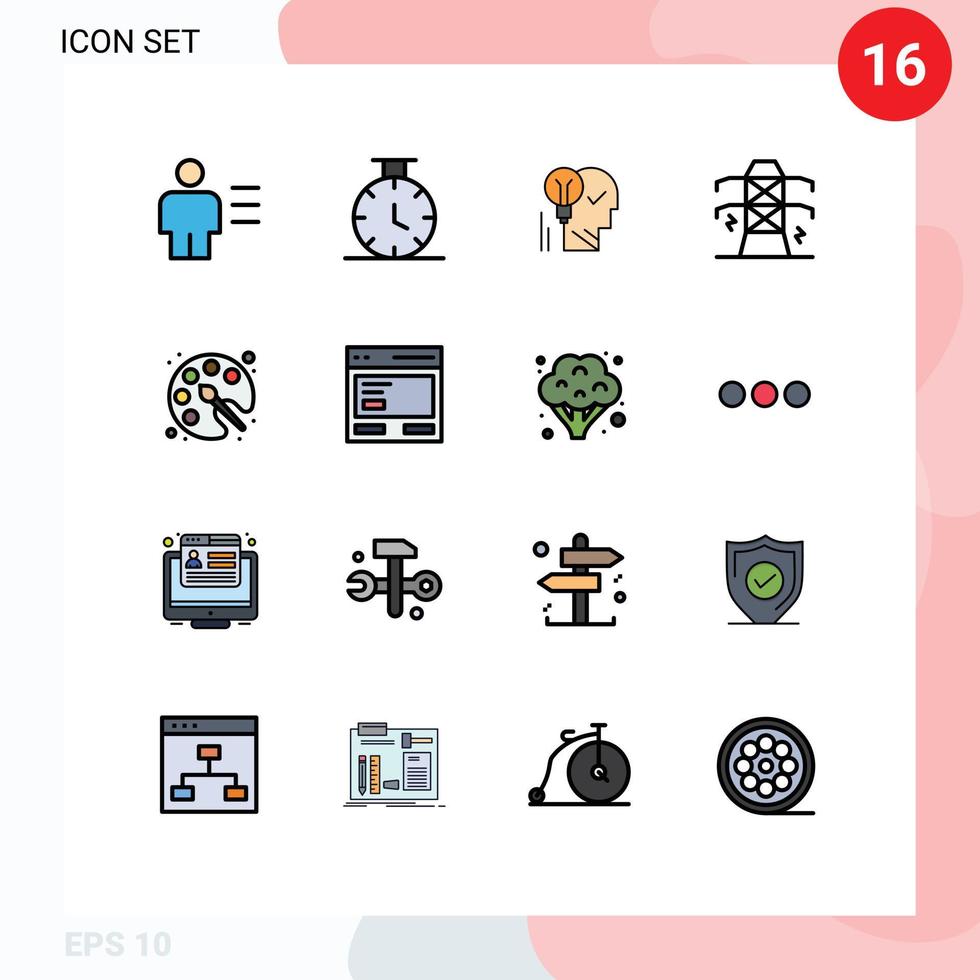 16 Universal Flat Color Filled Lines Set for Web and Mobile Applications power electricity brain success personal Editable Creative Vector Design Elements