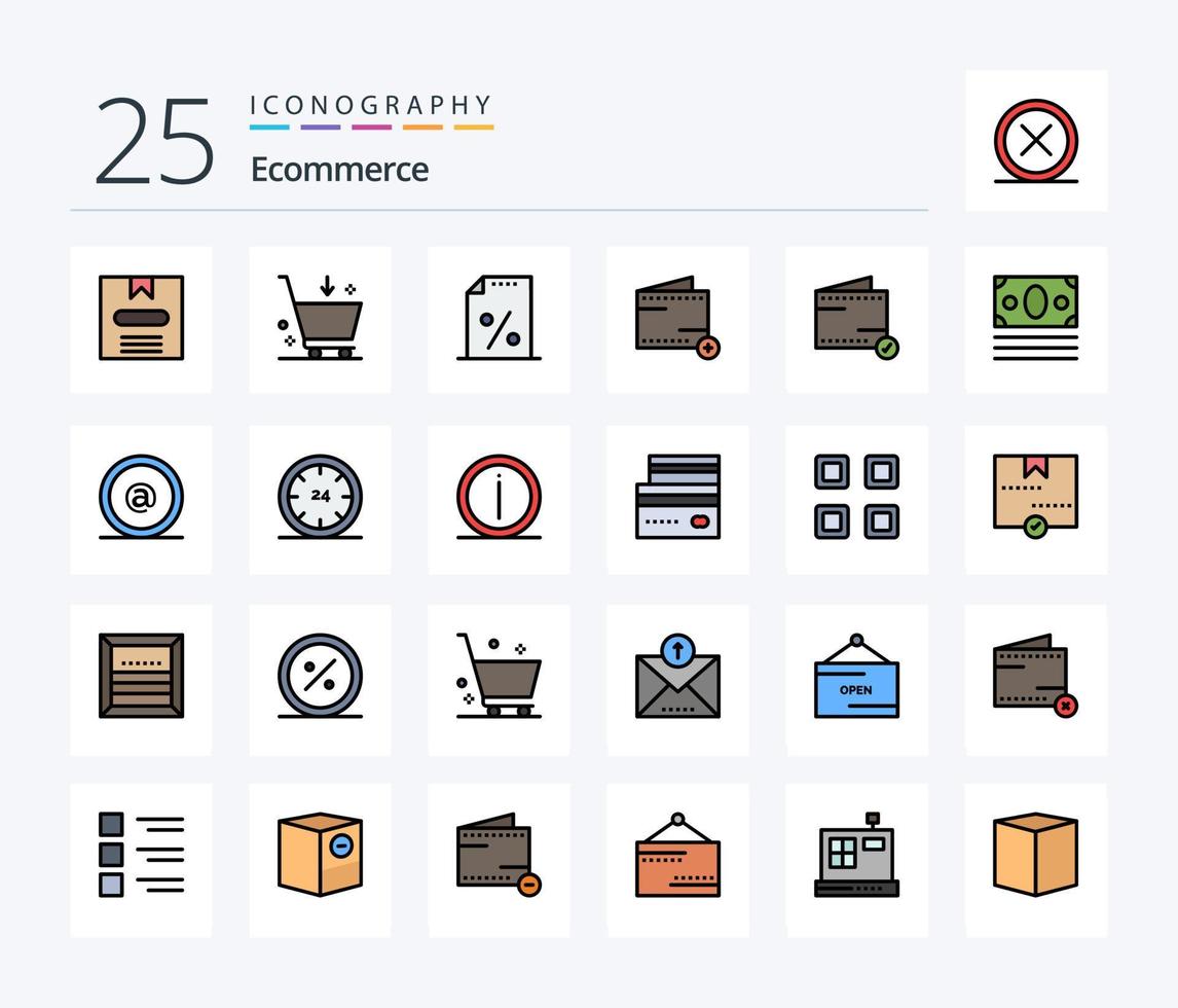 Ecommerce 25 Line Filled icon pack including money. wallet. document. e. add vector