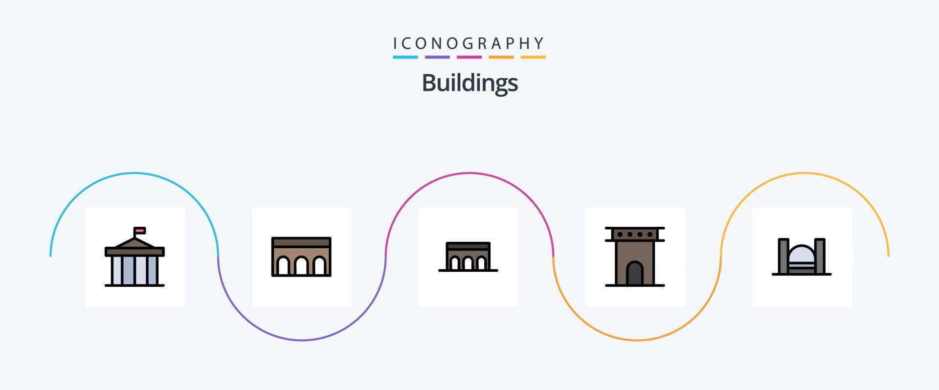 la línea de edificios llenó el paquete de iconos planos 5 que incluye el puerto. puente. histórico. Monumento. columna vector