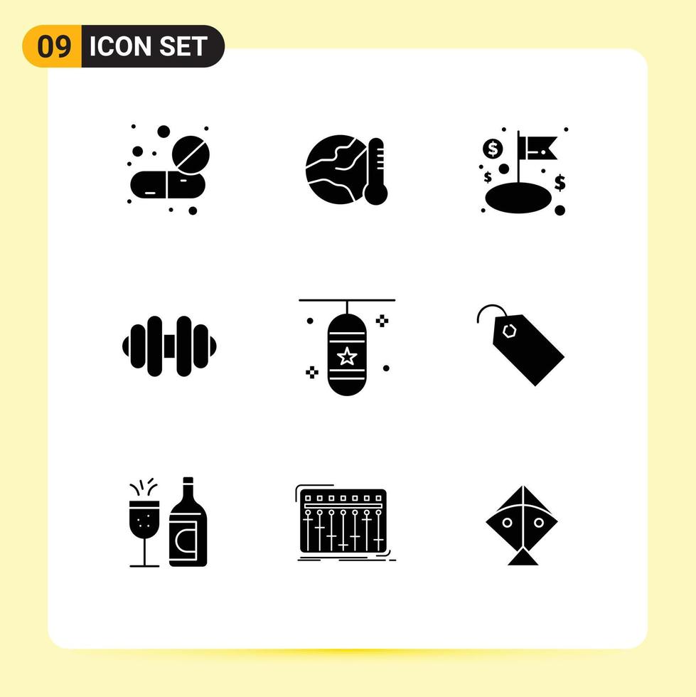 Modern Set of 9 Solid Glyphs Pictograph of punching bag sports hot dumbbell business Editable Vector Design Elements