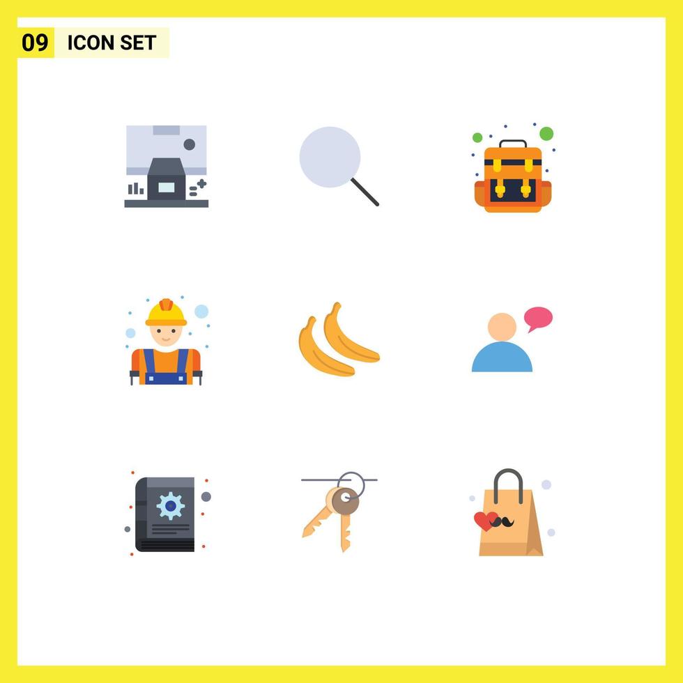 Group of 9 Flat Colors Signs and Symbols for food labour ui worker builder Editable Vector Design Elements