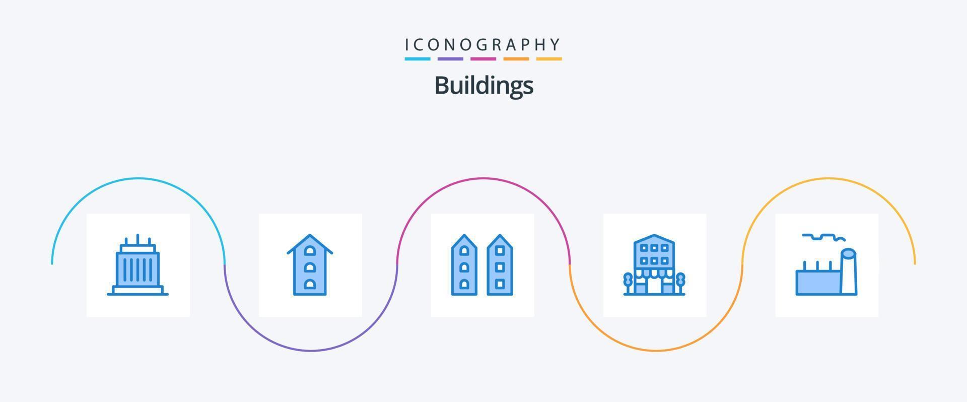 paquete de iconos de 5 edificios azules que incluye torre de enfriamiento. caldera. tiendas tiendas venta minorista vector