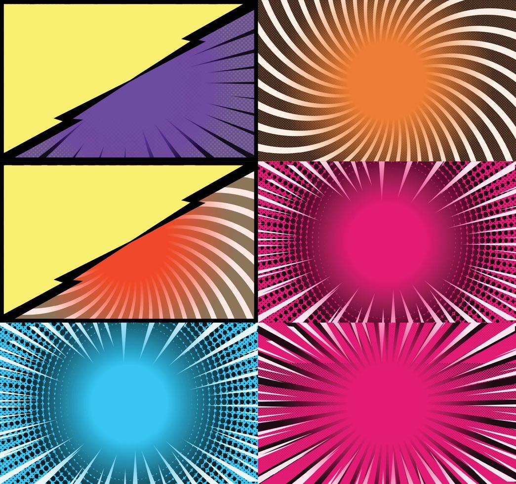 Comic book colorful frames background with halftone rays radial and dotted effects pop art style vector