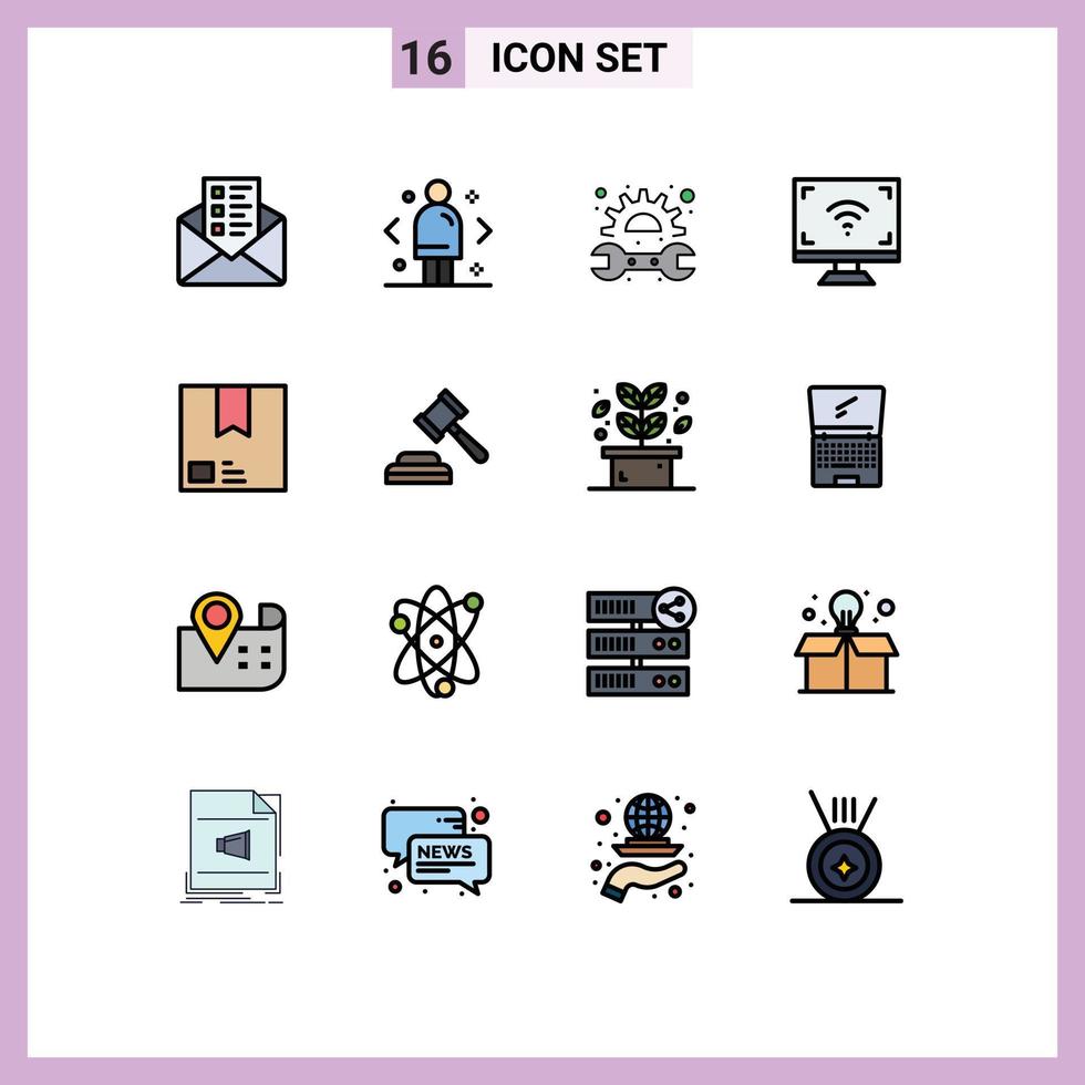 Pack of 16 creative Flat Color Filled Lines of deliver smart gear screen electronics Editable Creative Vector Design Elements