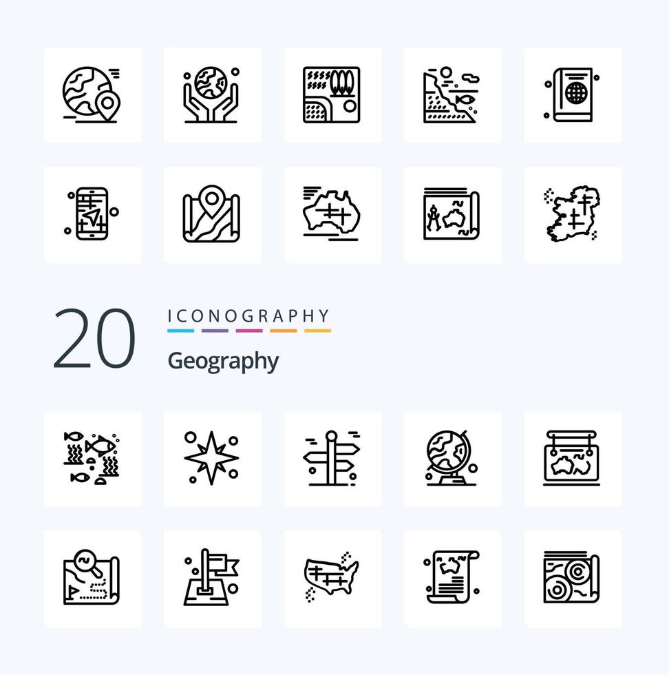 20 Geo Graphy Line icon Pack like map globe beach trip travel vector