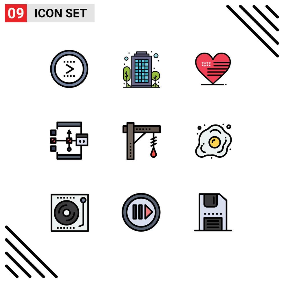 Group of 9 Filledline Flat Colors Signs and Symbols for flowchart develop living area coding flag Editable Vector Design Elements