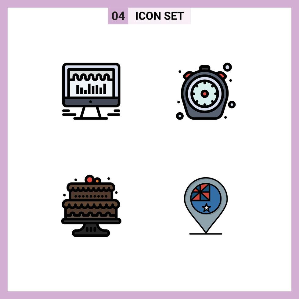 Pack of 4 Modern Filledline Flat Colors Signs and Symbols for Web Print Media such as computer baked graph kitchen cake Editable Vector Design Elements