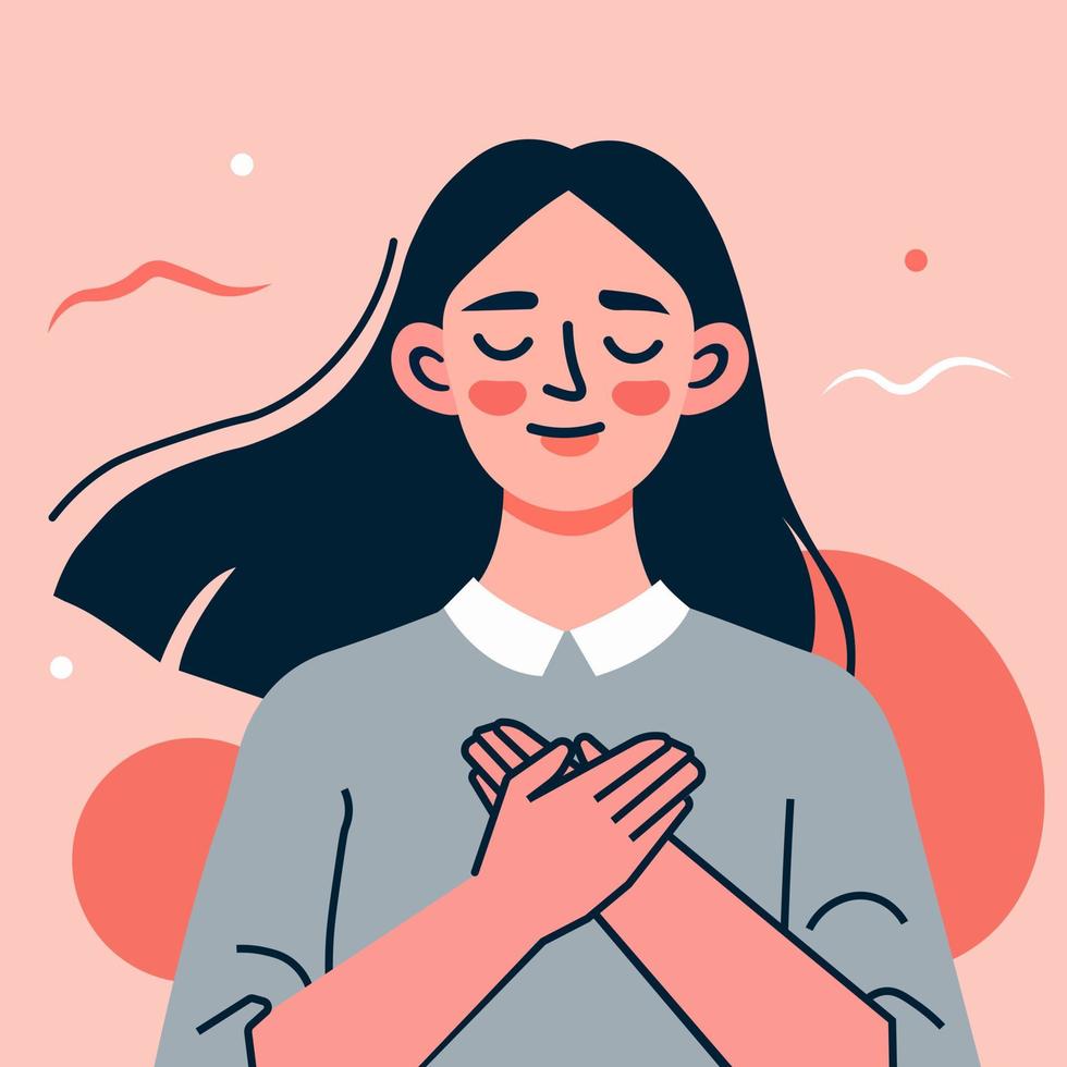 A woman with her hands on her chest. A grateful gesture. Happy calm peaceful girl volunteer. Happiness, Kind heart, harmony, woman loving herself, feeling positive emotion. Vector illustration