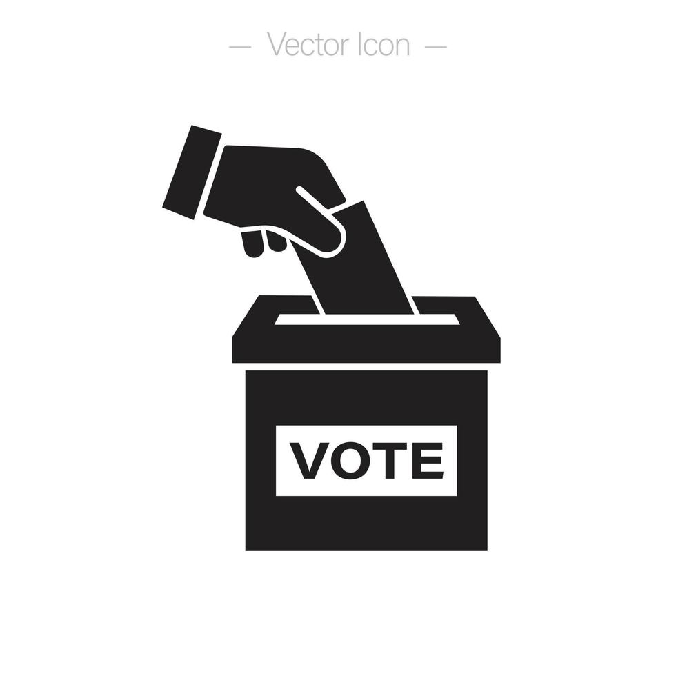 Hand voting ballot box icon. Hand putting paper in the ballot box. Isolated vector illustration