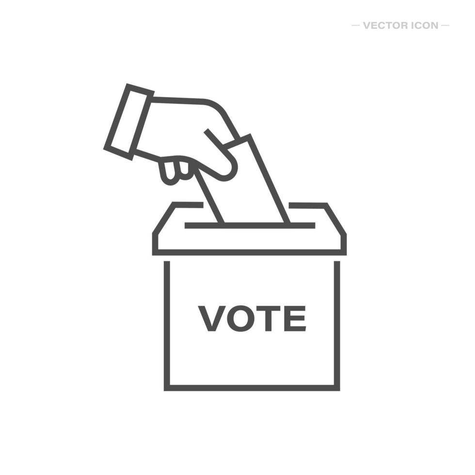 Hand voting ballot box line icon. Hand putting paper in the ballot box. Isolated vector illustration.