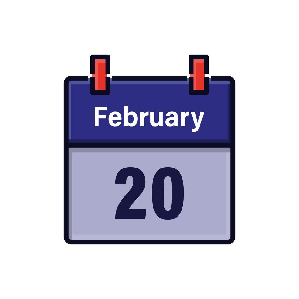 February 20, Calendar icon. Day, month. Meeting appointment time. Event schedule date. Flat vector illustration.