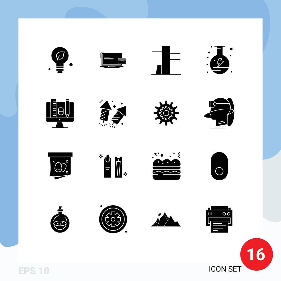 Set of 16 Commercial Solid Glyphs pack for pincil education online payment computer power Editable Vector Design Elements