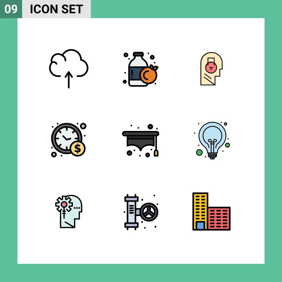 Universal Icon Symbols Group of 9 Modern Filledline Flat Colors of bulb school message hat time management Editable Vector Design Elements